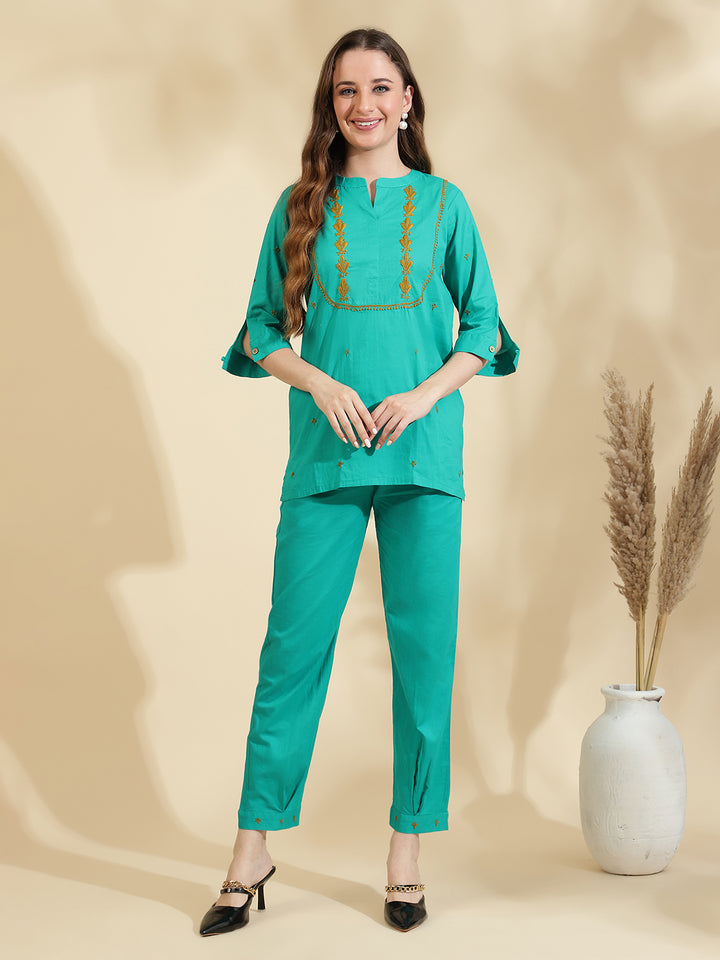 Womens Green Embroidered Co ord Set