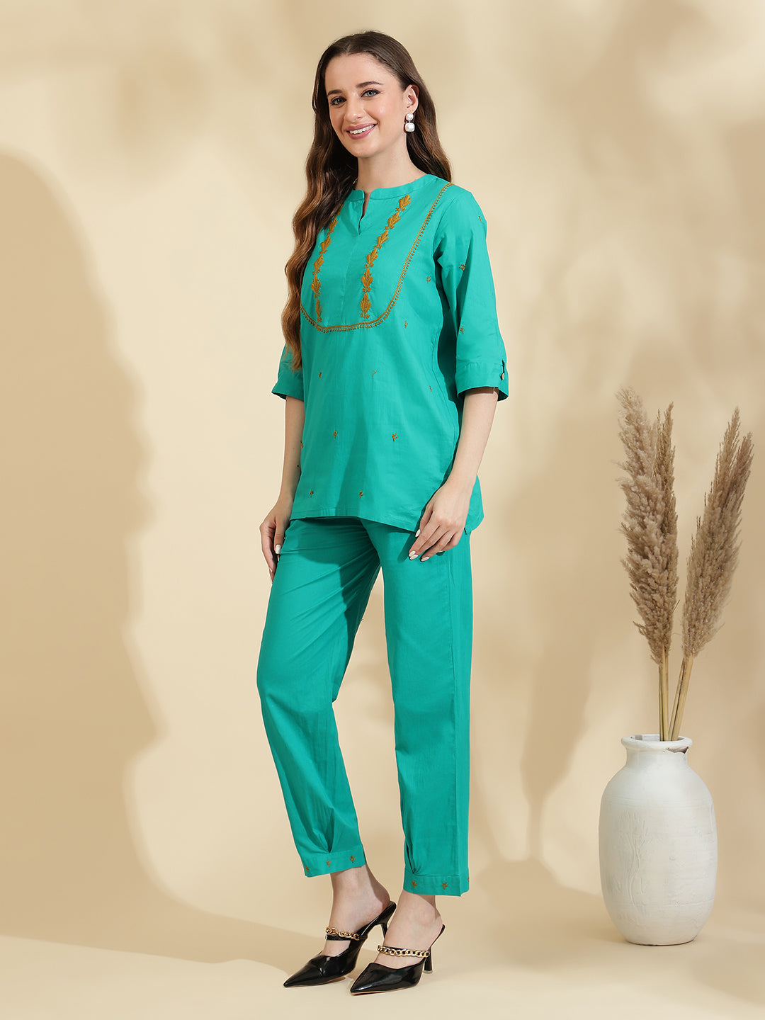 Womens Green Embroidered Co ord Set