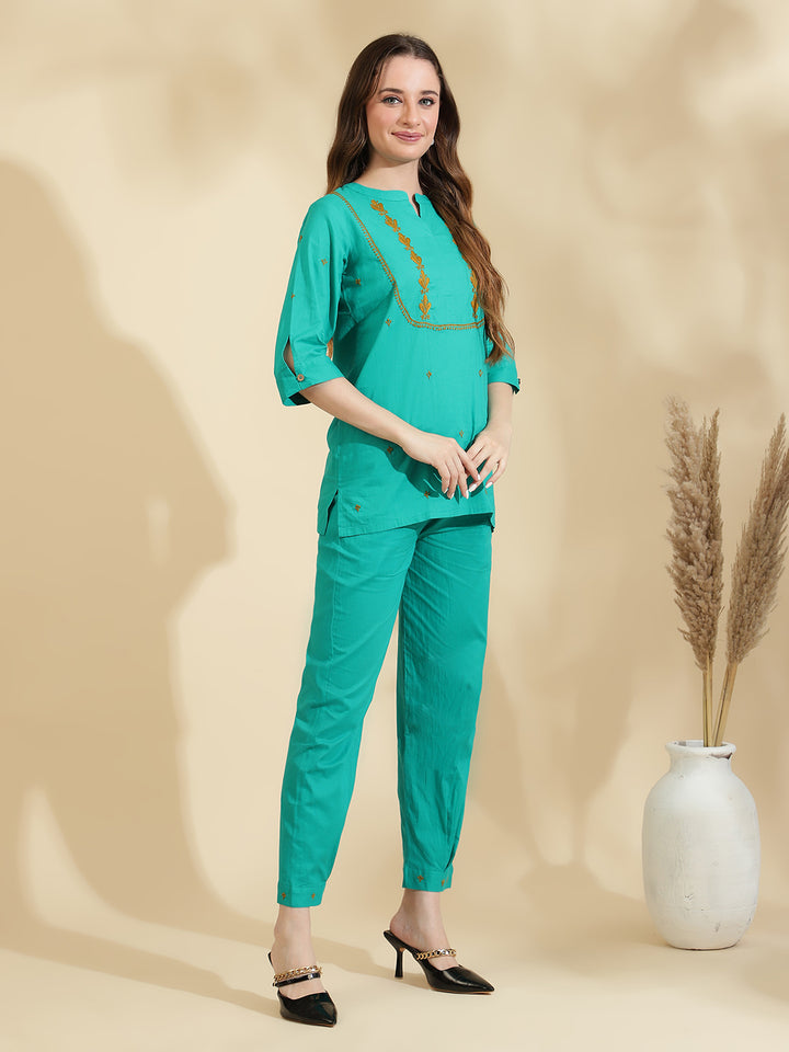 Womens Green Embroidered Co ord Set