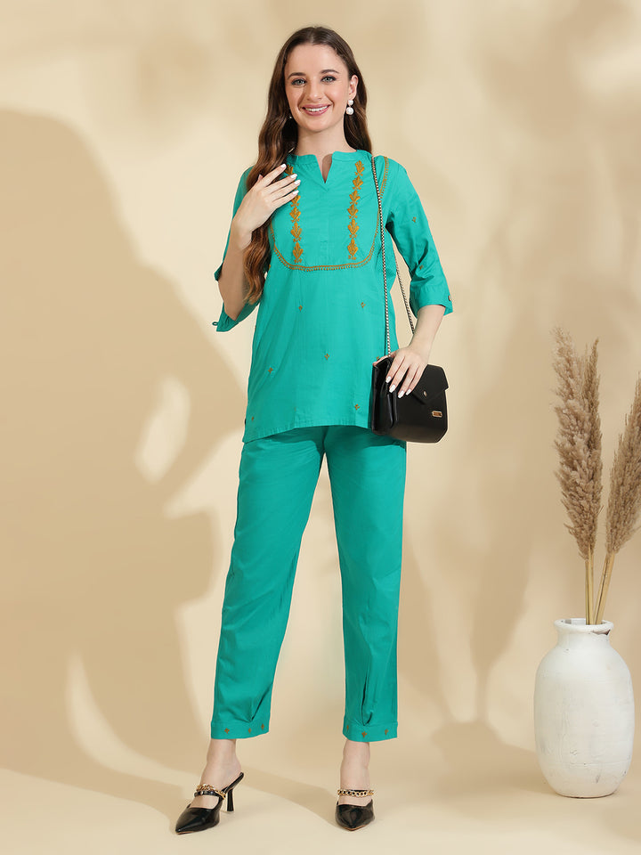 Womens Green Embroidered Co ord Set