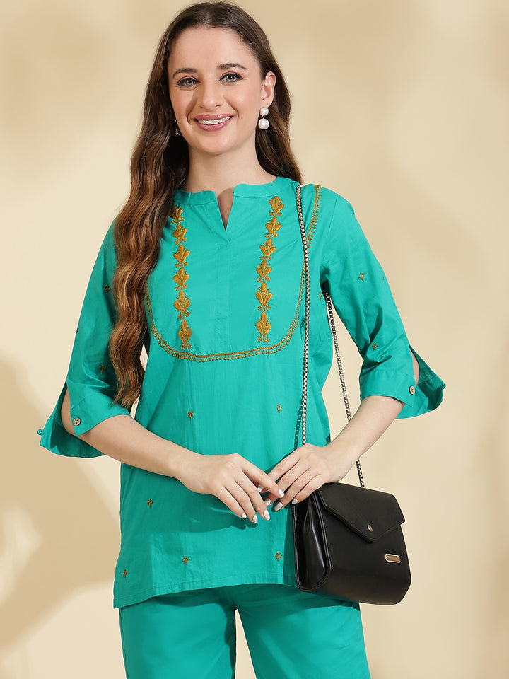 Womens Green Embroidered Co ord Set