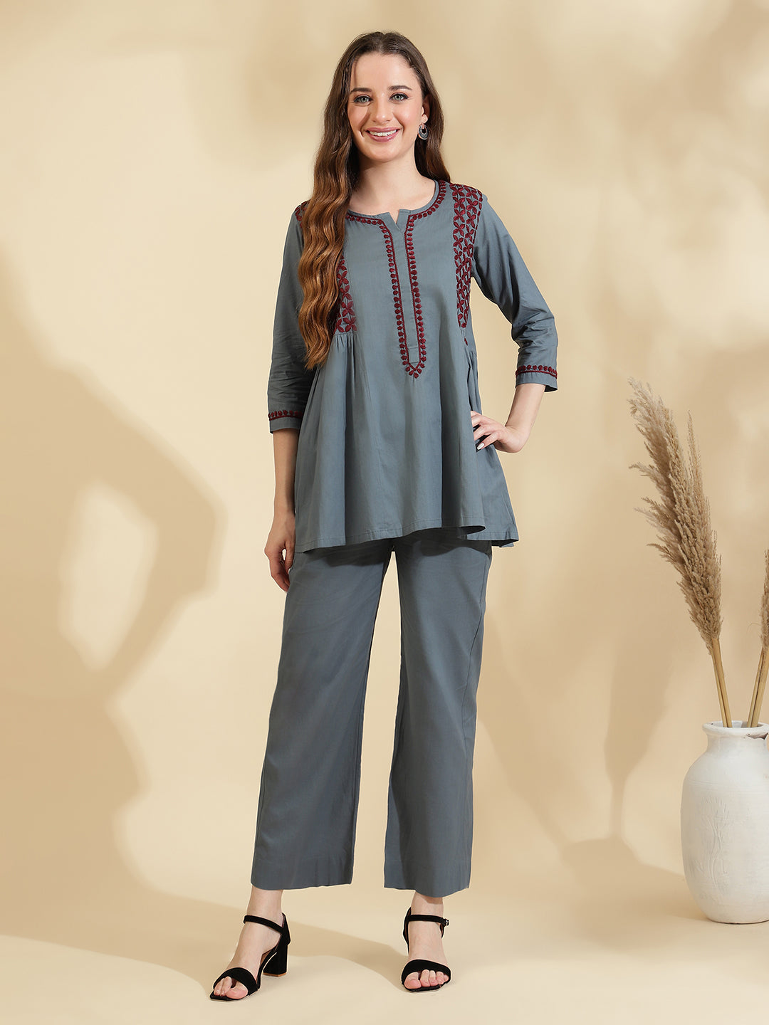 Womens Grey Embroidered Co ord Set