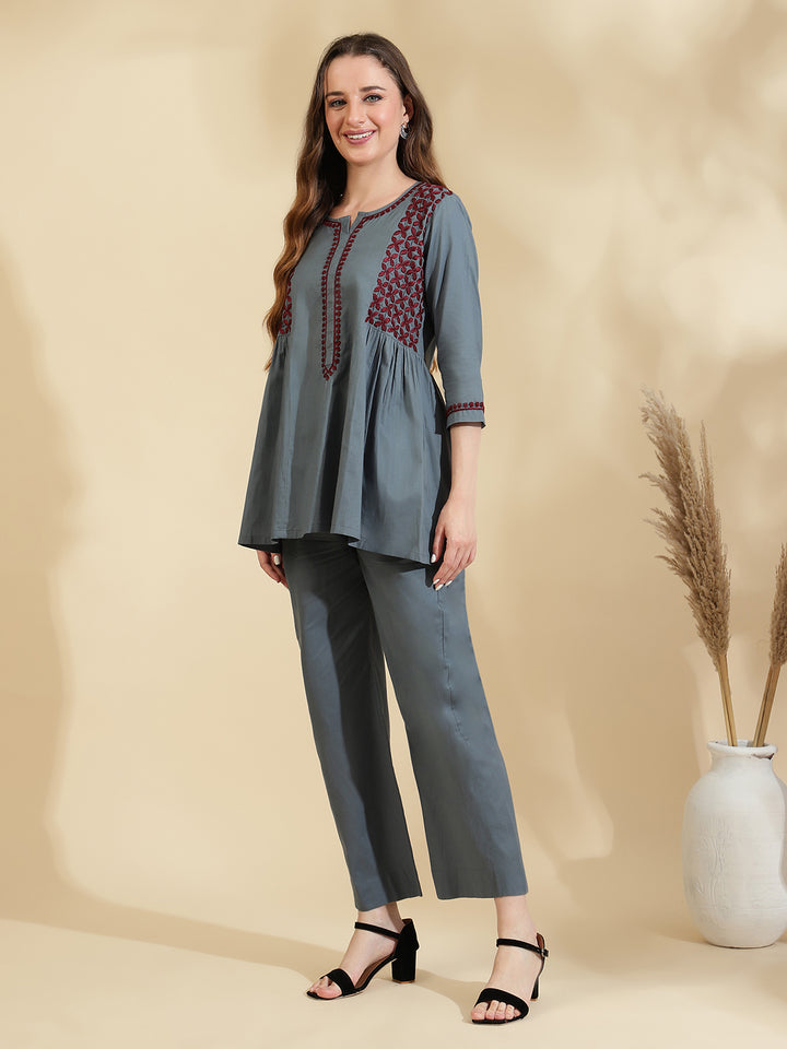 Womens Grey Embroidered Co ord Set