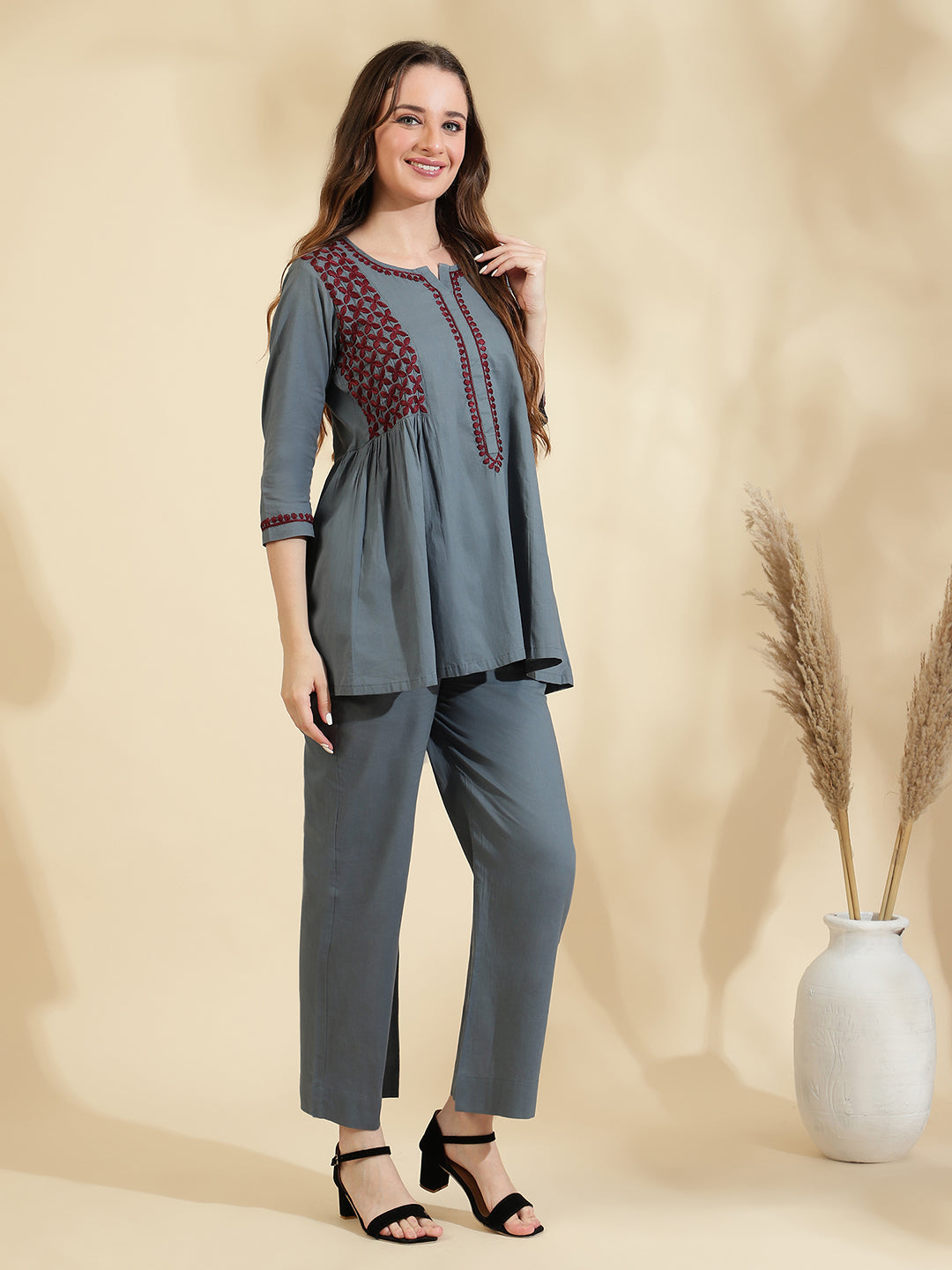 Womens Grey Embroidered Co ord Set