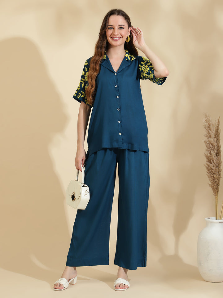 Womens Blue Embroidered Co ord Set