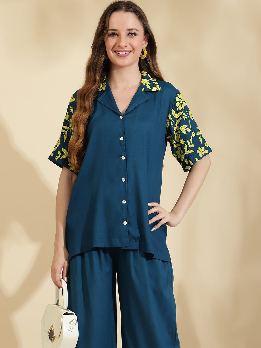 Womens Blue Embroidered Co ord Set