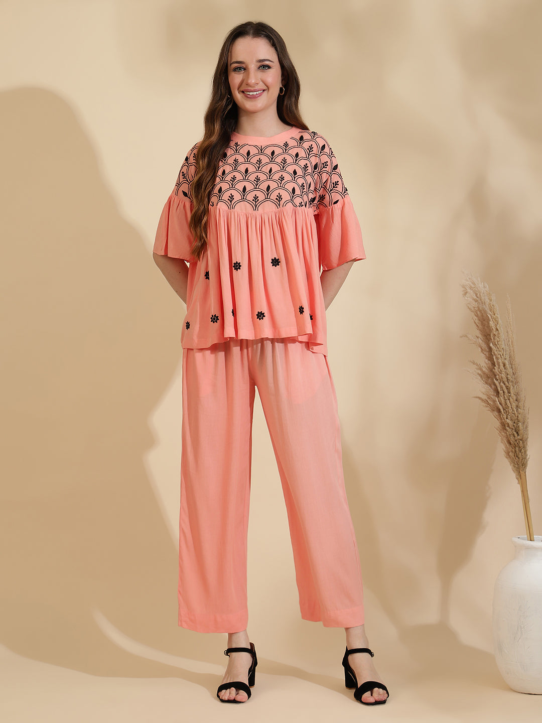 Womens Peach Embroidered Co ord Set