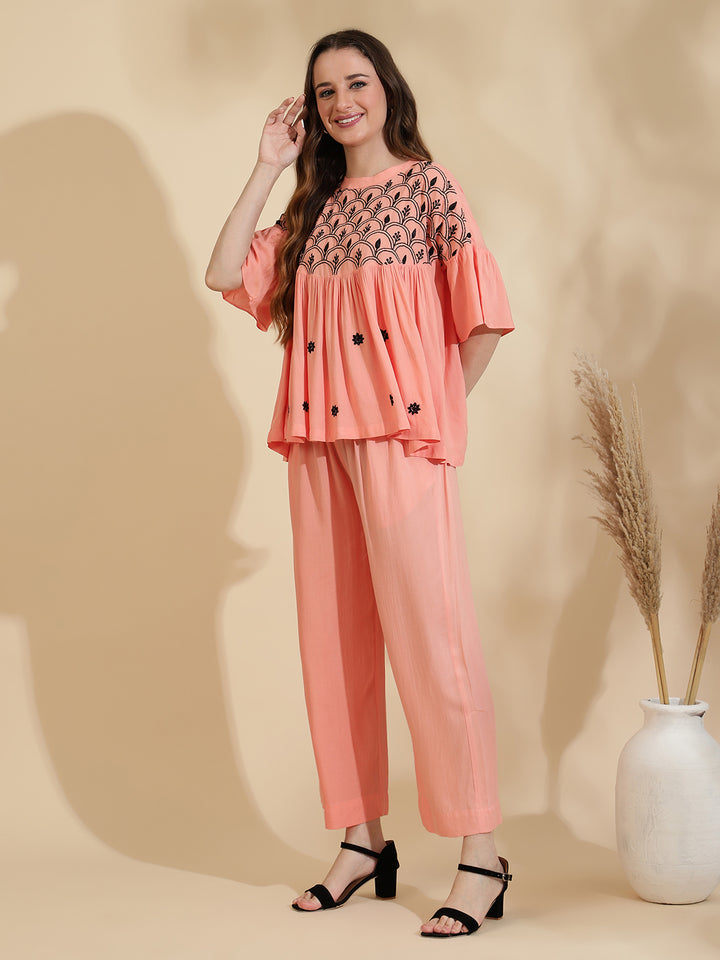 Womens Peach Embroidered Co ord Set