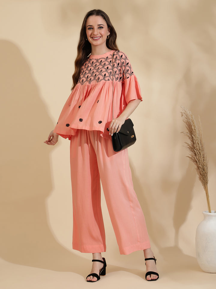 Womens Peach Embroidered Co ord Set