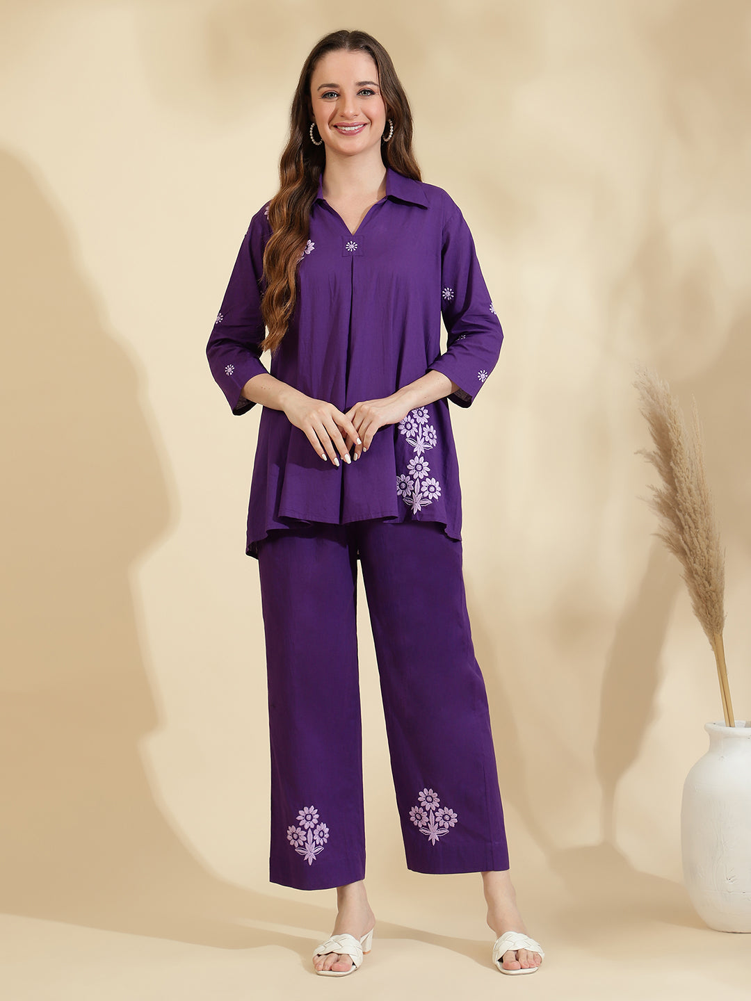 Womens Purple Embroidered Co ord Set