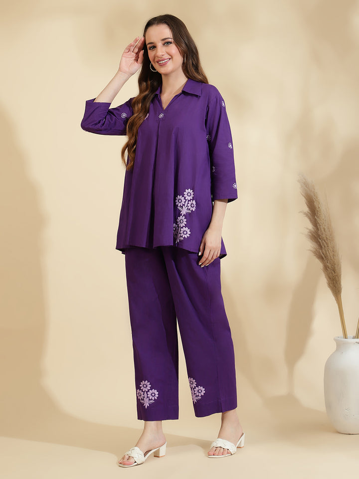 Womens Purple Embroidered Co ord Set