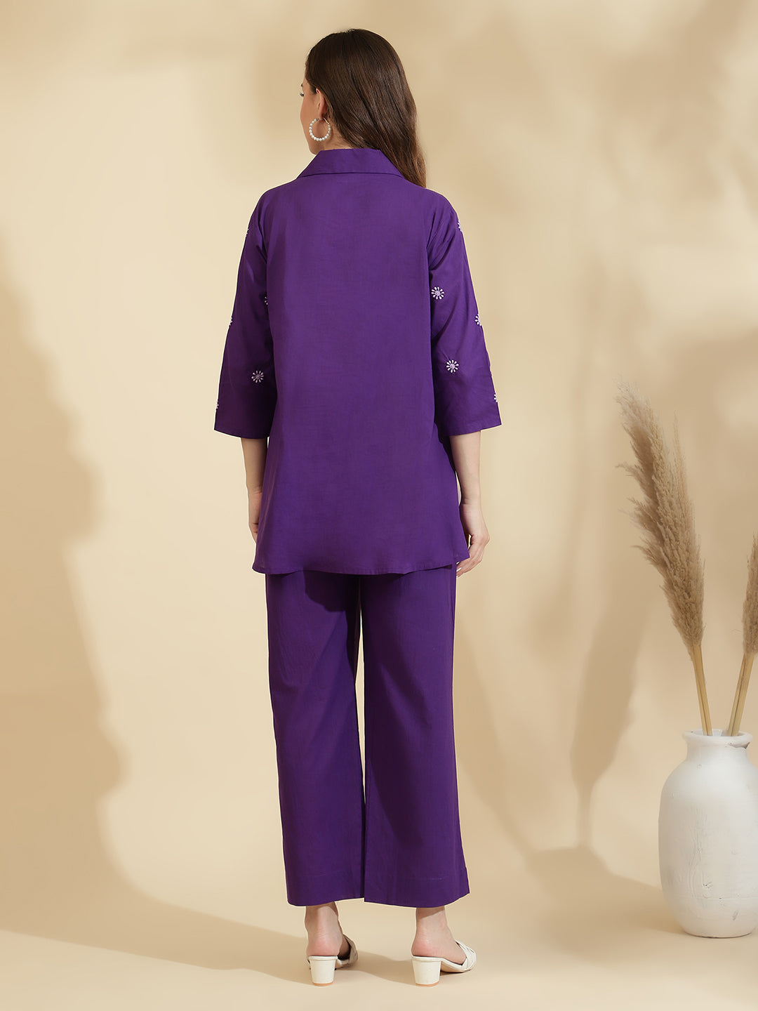 Womens Purple Embroidered Co ord Set