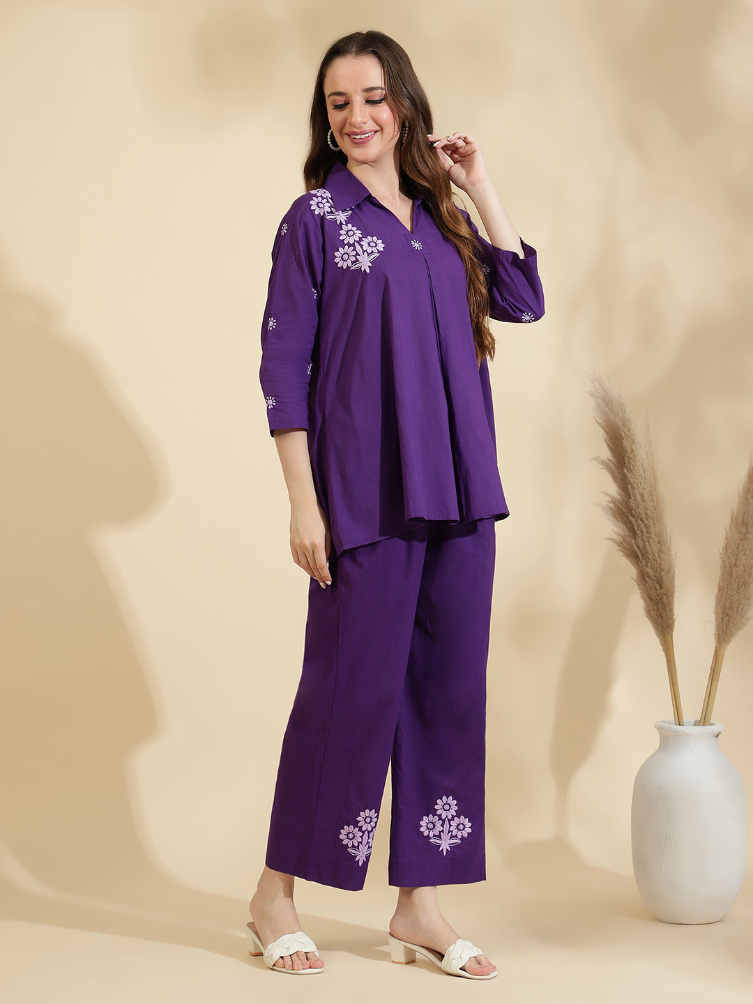 Womens Purple Embroidered Co ord Set