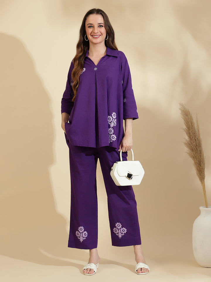 Womens Purple Embroidered Co ord Set