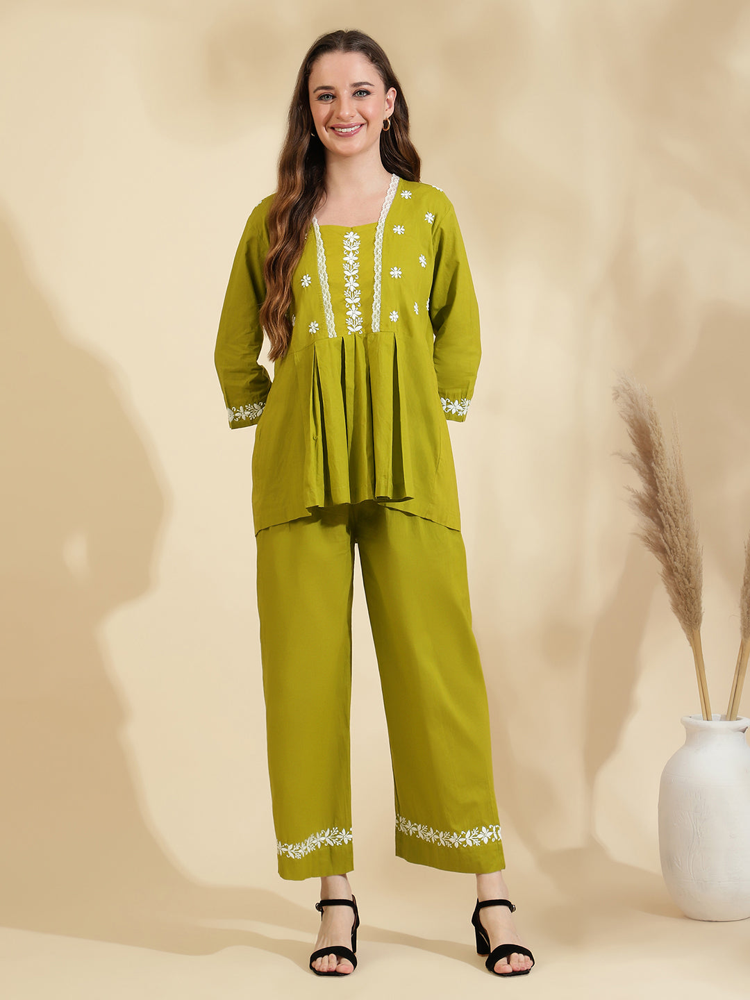 Womens Sea Green Embroidered Co ord Set