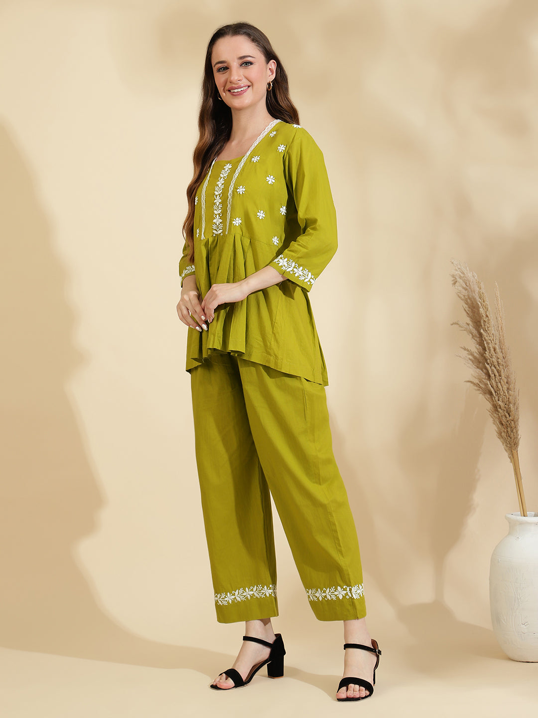 Womens Sea Green Embroidered Co ord Set