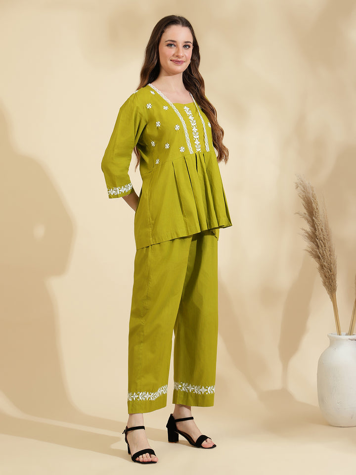 Womens Sea Green Embroidered Co ord Set