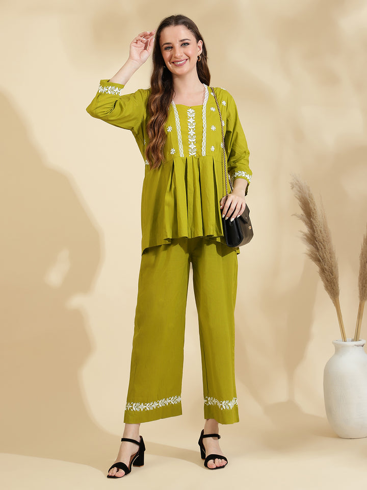 Womens Sea Green Embroidered Co ord Set