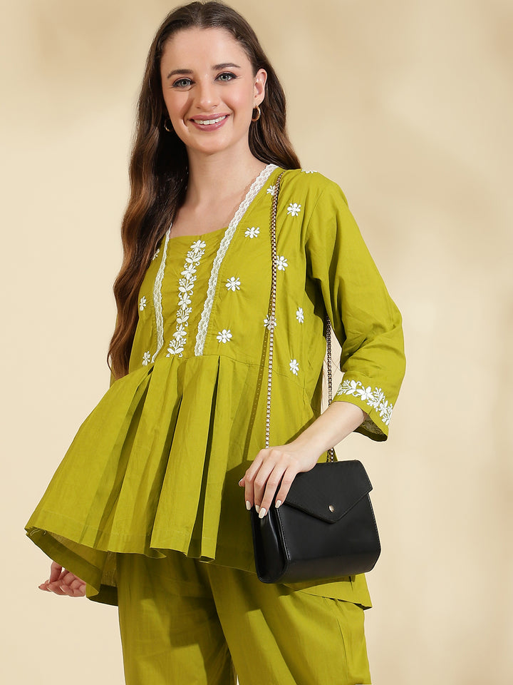 Womens Sea Green Embroidered Co ord Set