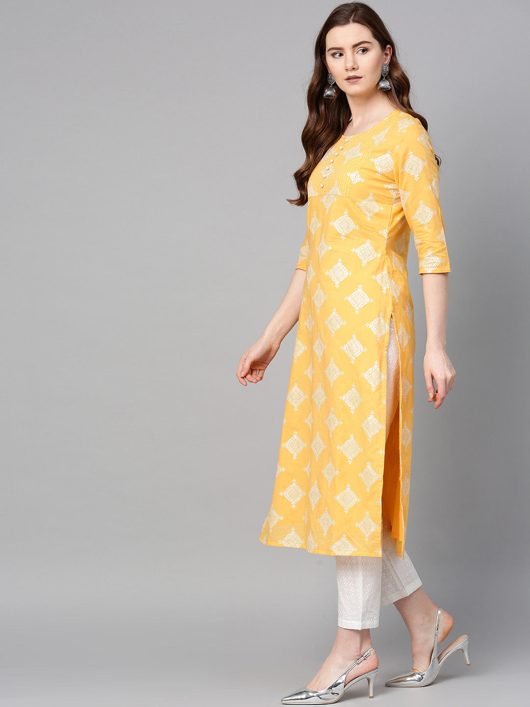 Women Yellow Printed Kurta with Trousers and Dupatta