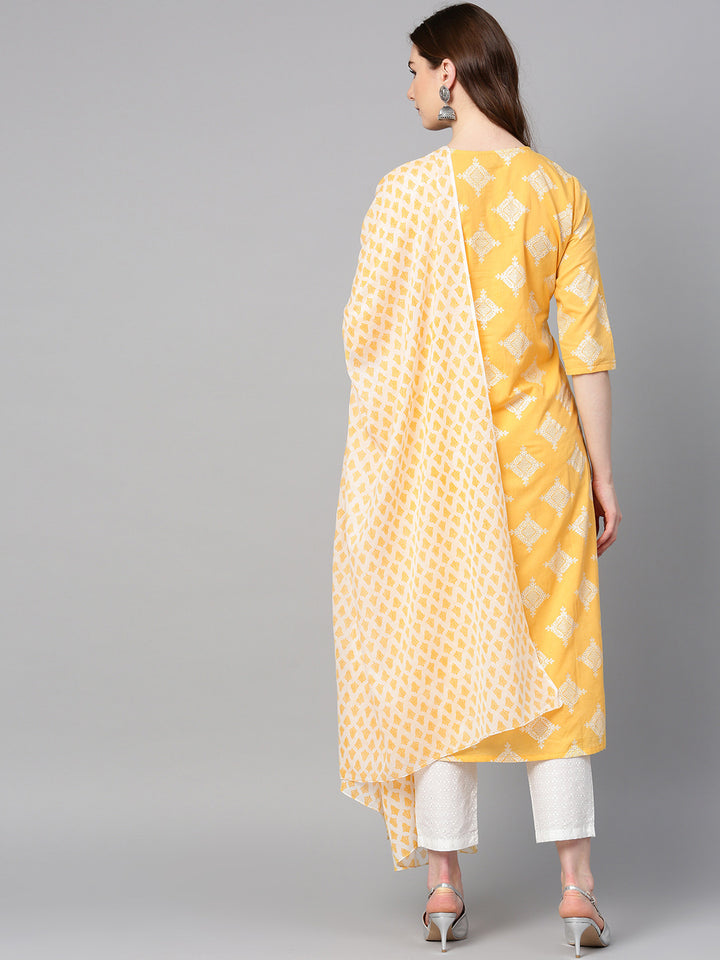 Women Yellow Printed Kurta with Trousers and Dupatta