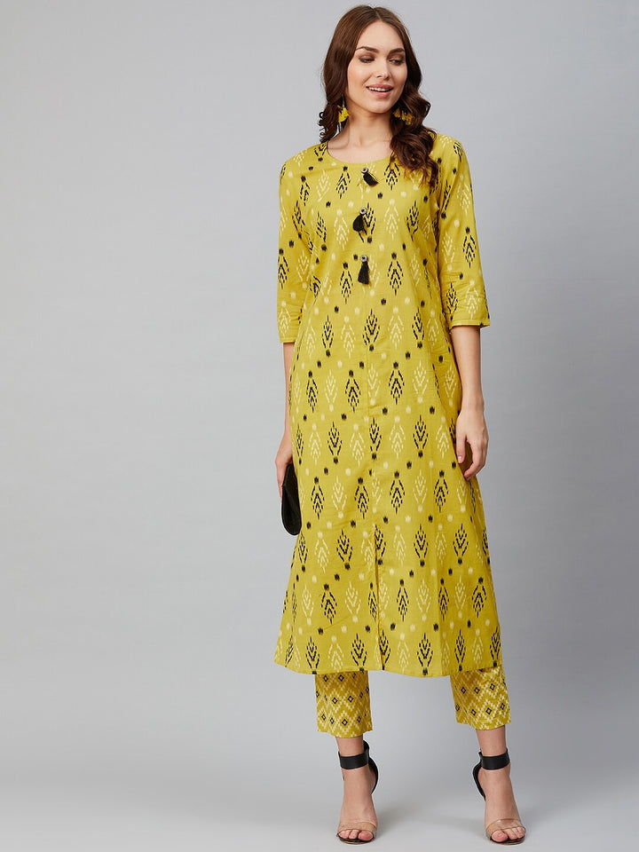 Women Lime Green Printed Kurta with Trousers