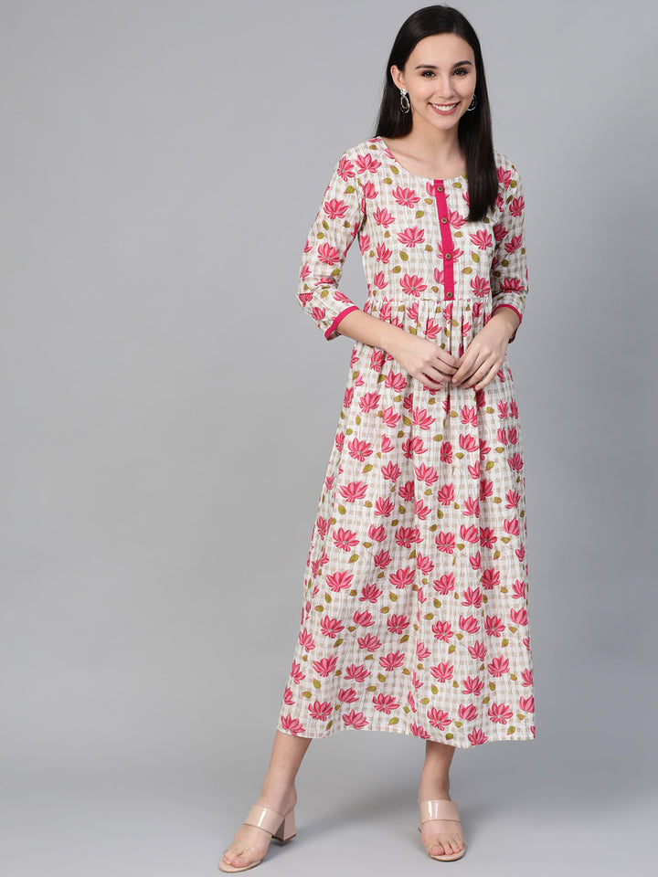 Women Off-white and Pink Floral Printed Flared Long Kurta