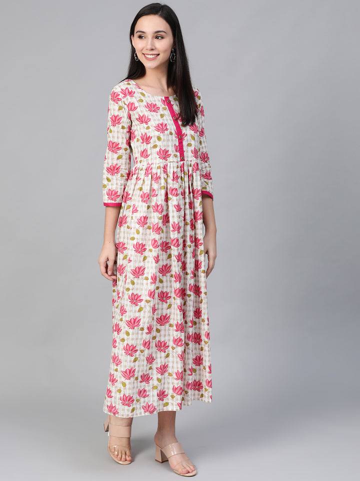 Women Off-white and Pink Floral Printed Flared Long Kurta