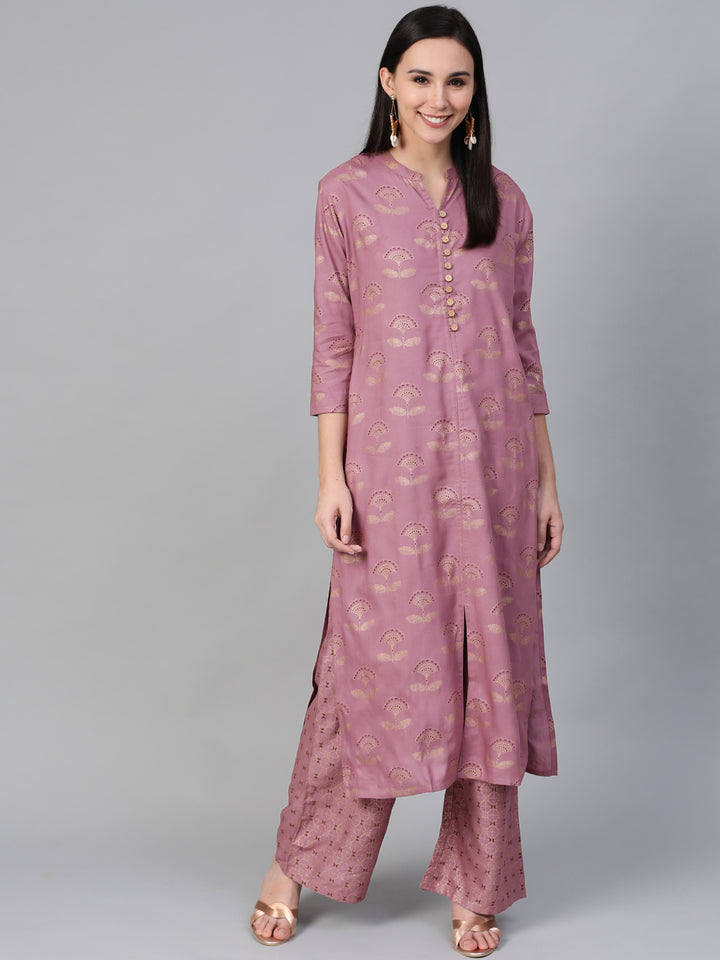 Women Mauve Gold Printed Kurta with Palazzos