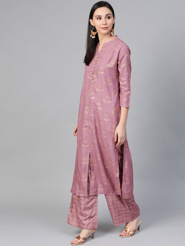 Women Mauve Gold Printed Kurta with Palazzos