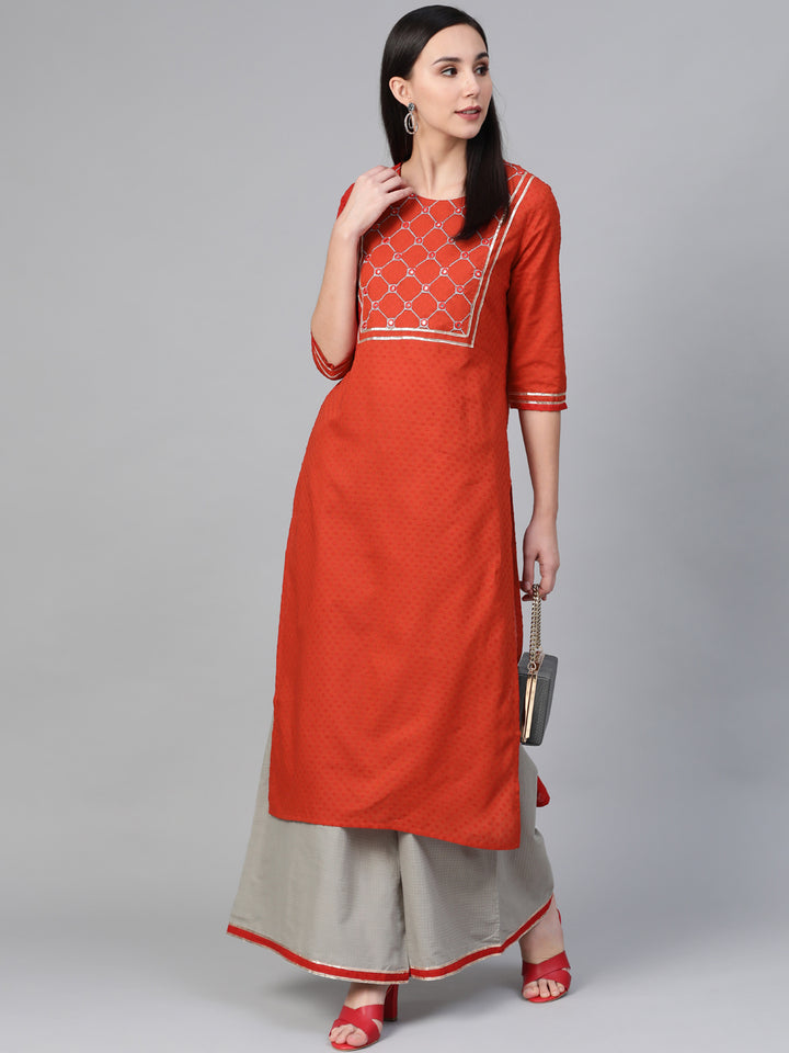 Women Red Embroidered Yoke Design Kurta with Palazzos