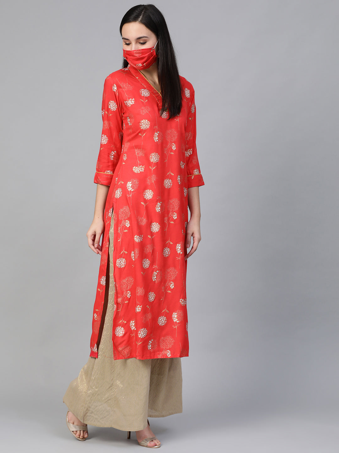 Women Red Gold Printed Long Kurta