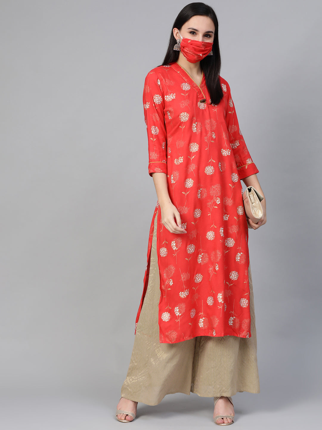 Women Red Gold Printed Long Kurta