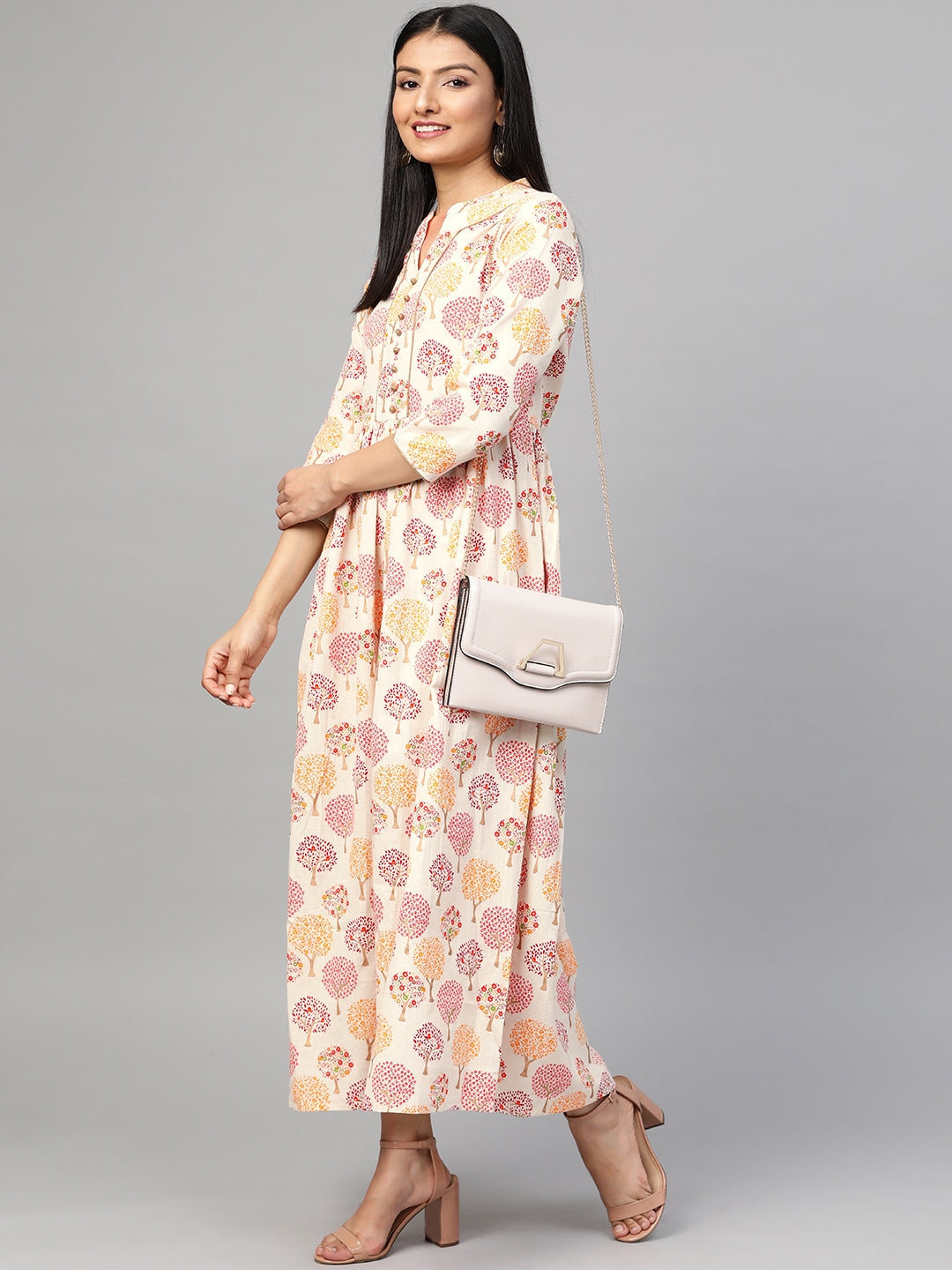 Women Off-white Printed Long Cotton Kurta