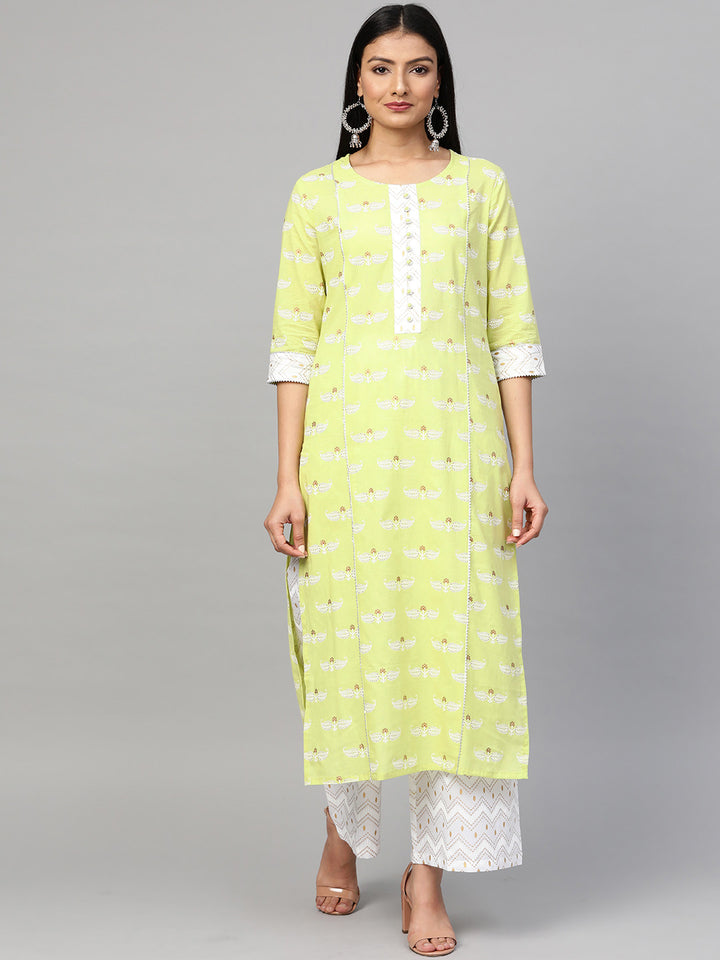 Women Green Foil Printed Pure Cotton Kurta with Palazzos