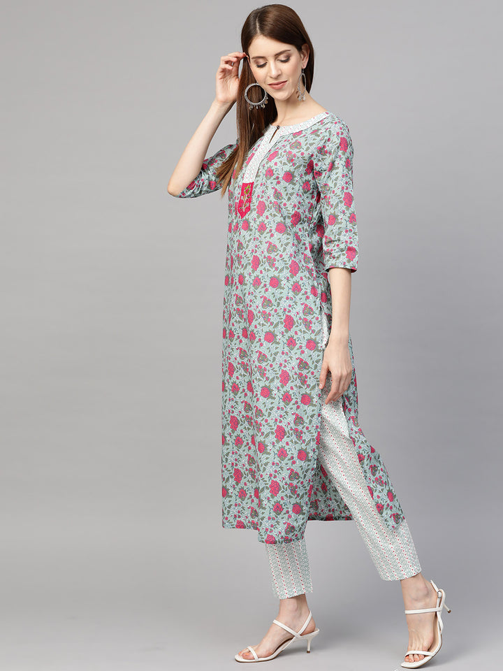 Women Green Printed Embroidered Motif Kurta with Trousers and Dupatta