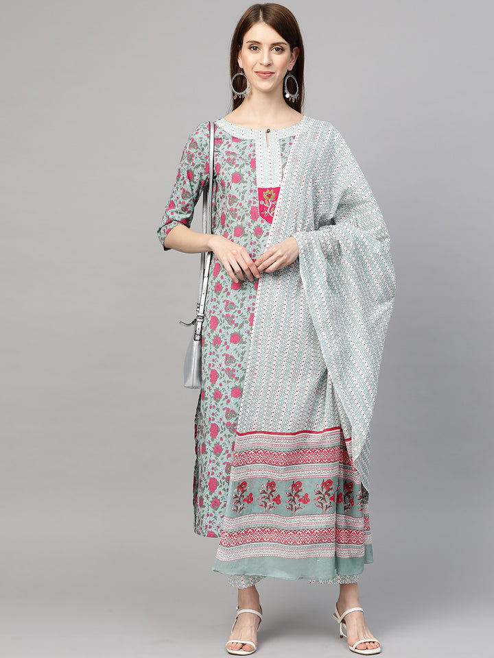 Women Green Printed Embroidered Motif Kurta with Trousers and Dupatta