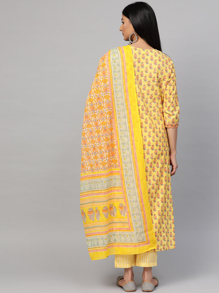 Women Yellow Printed Sequence Detailing Kurta with Trousers and Dupatta