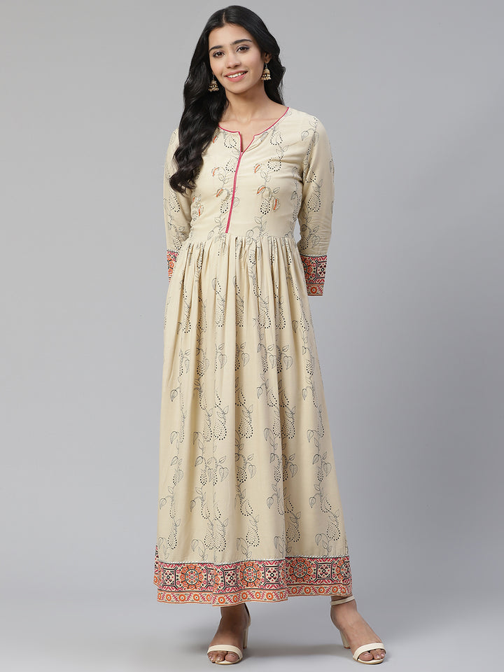 Women Beige Printed Hand Detailing Kurta