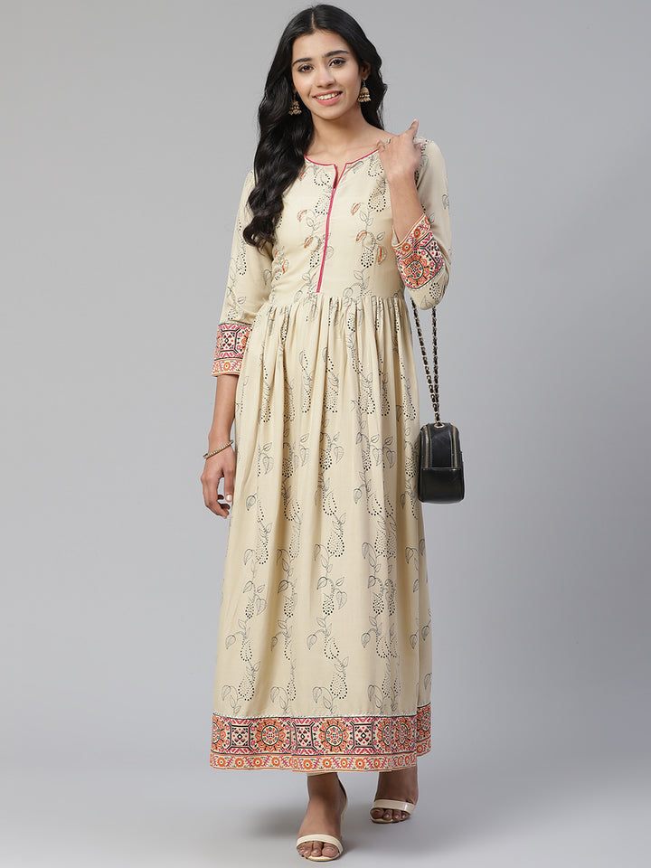 Women Beige Printed Hand Detailing Kurta