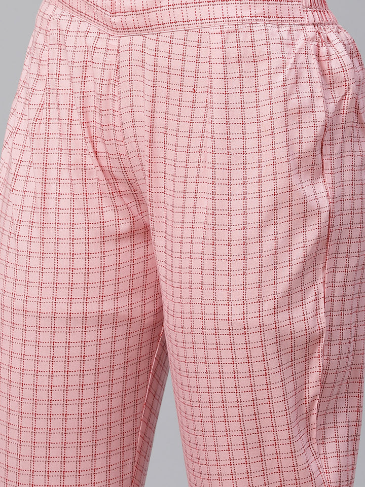 Women Pink Printed Hand work Yoke Design Kurta with Trousers