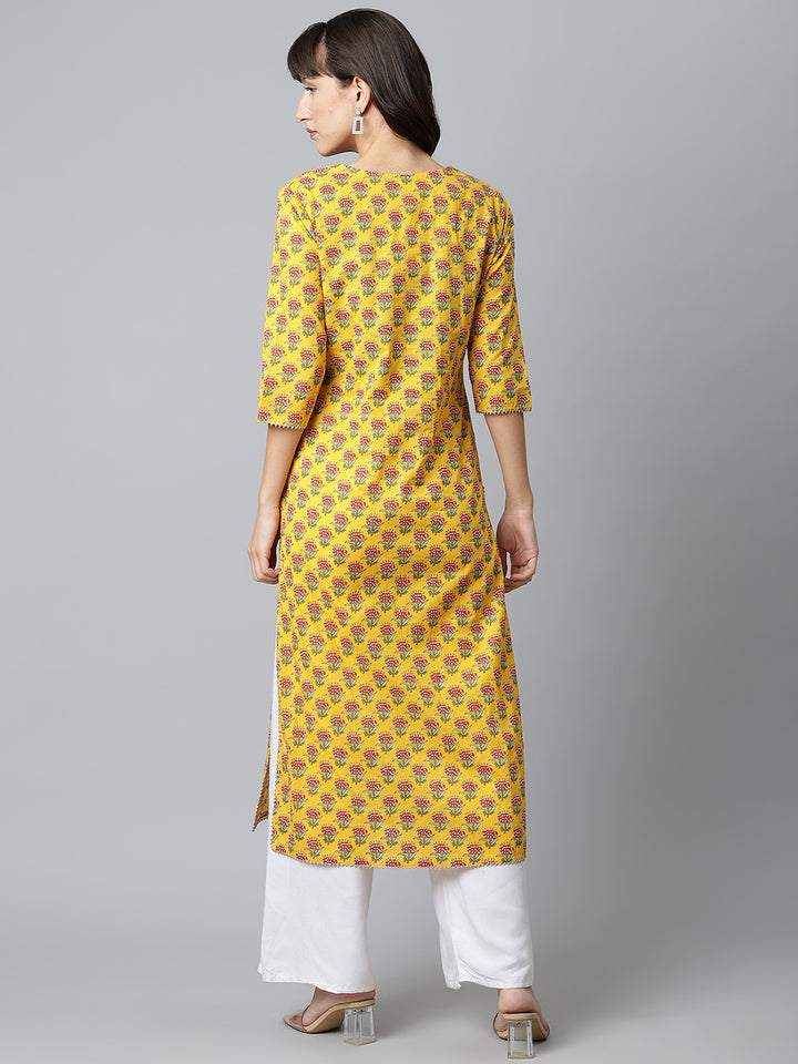 Women Yellow Printed Yoke Design Kurta