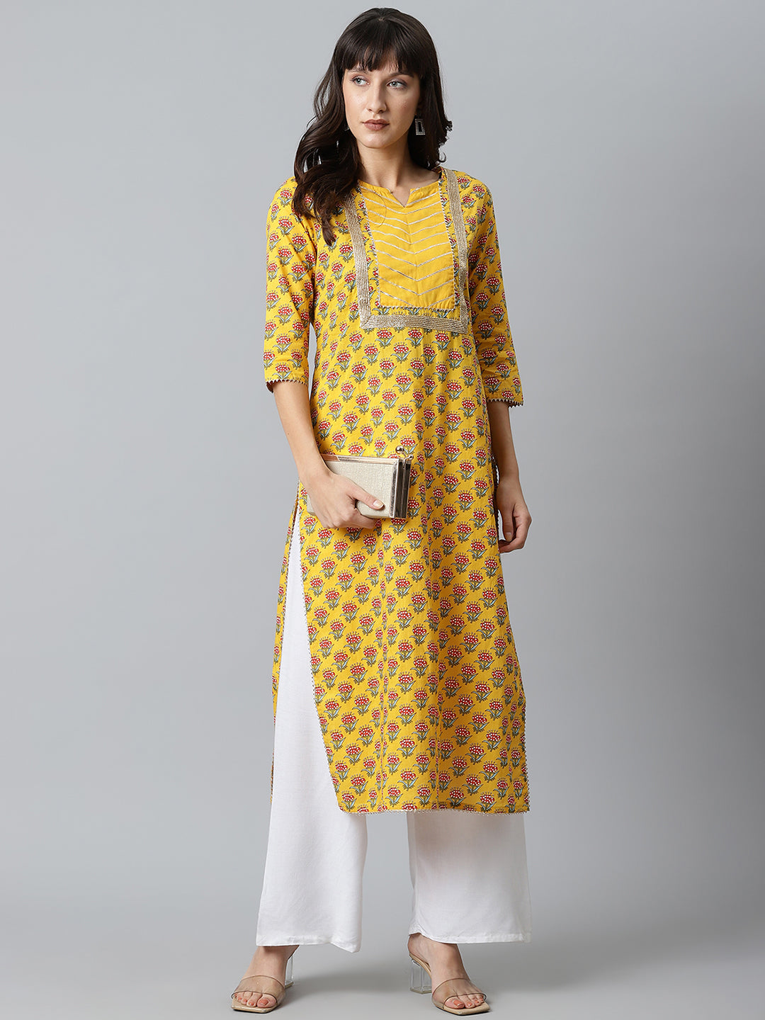 Women Yellow Printed Yoke Design Kurta