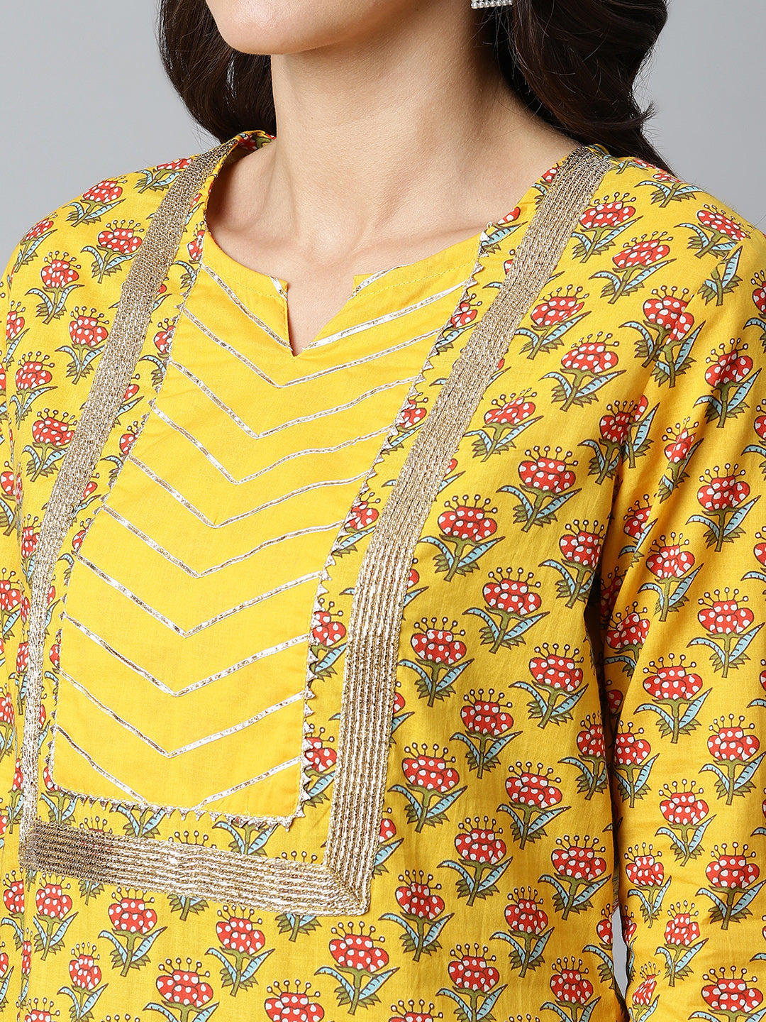 Women Yellow Printed Yoke Design Kurta