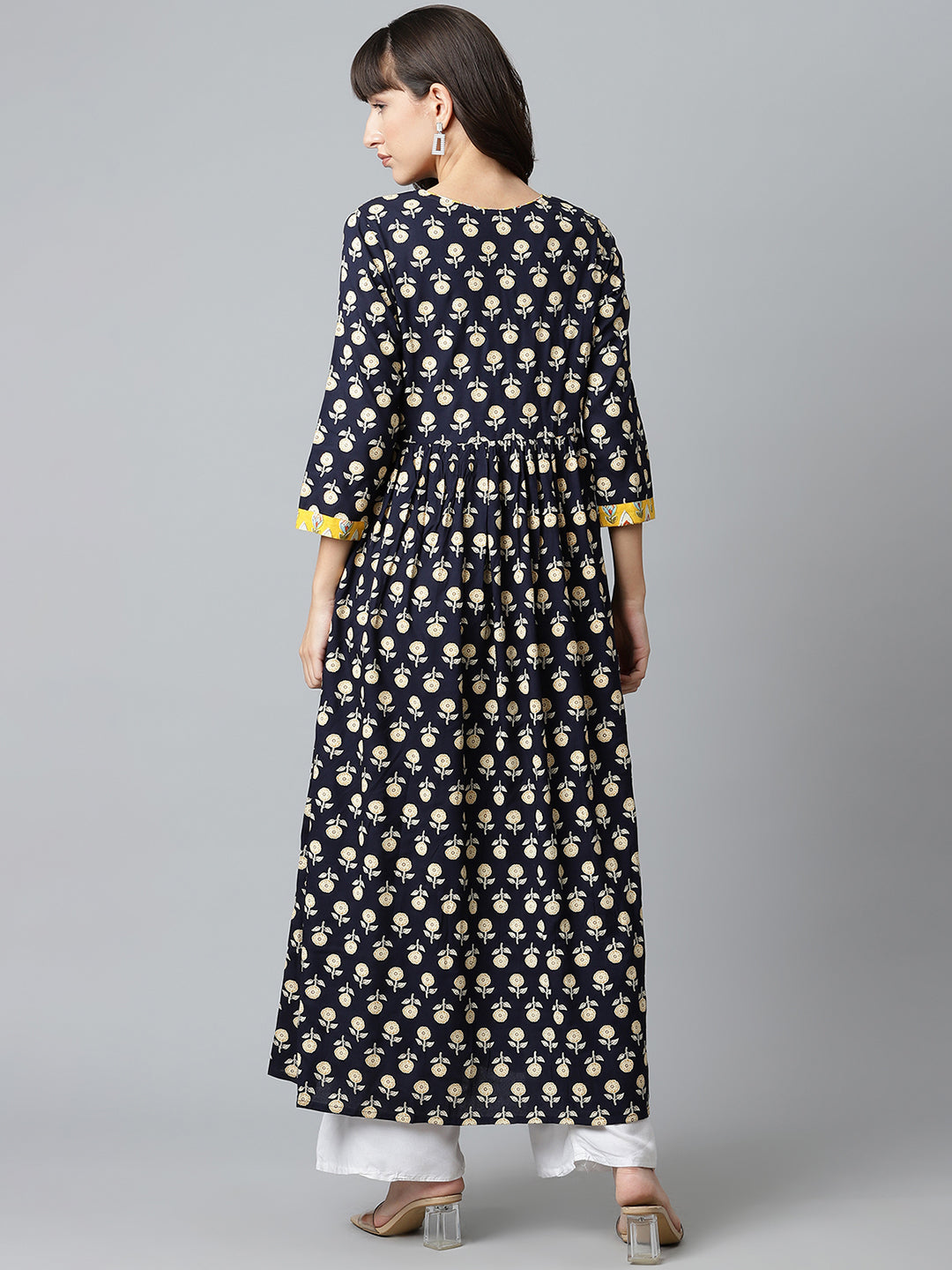 Women Blue Printed Gathered Long Kurta