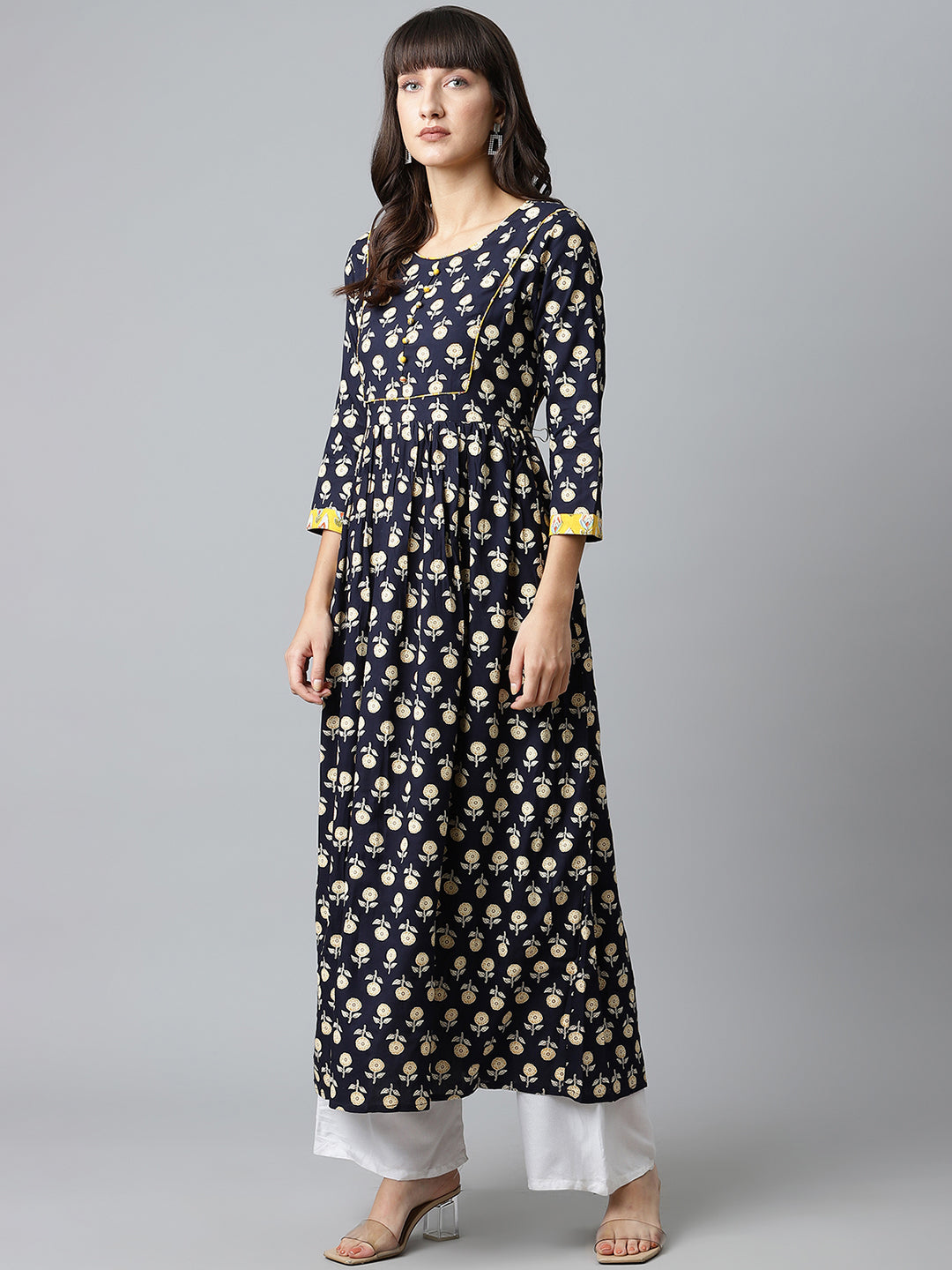 Women Blue Printed Gathered Long Kurta