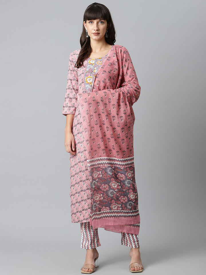 Pink and Grey Printed Kurta with Trousers and Dupatta