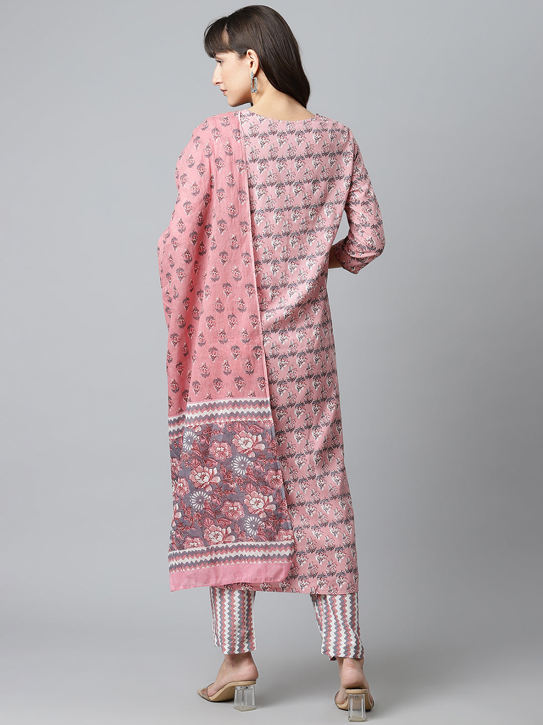 Pink and Grey Printed Kurta with Trousers and Dupatta