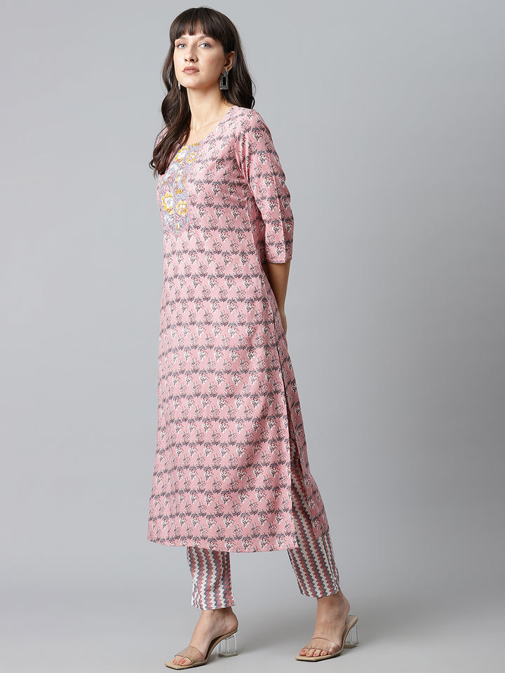 Pink and Grey Printed Kurta with Trousers and Dupatta