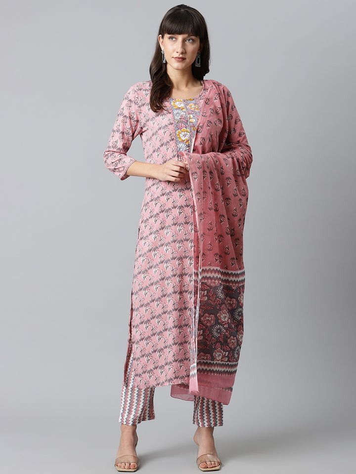 Pink and Grey Printed Kurta with Trousers and Dupatta